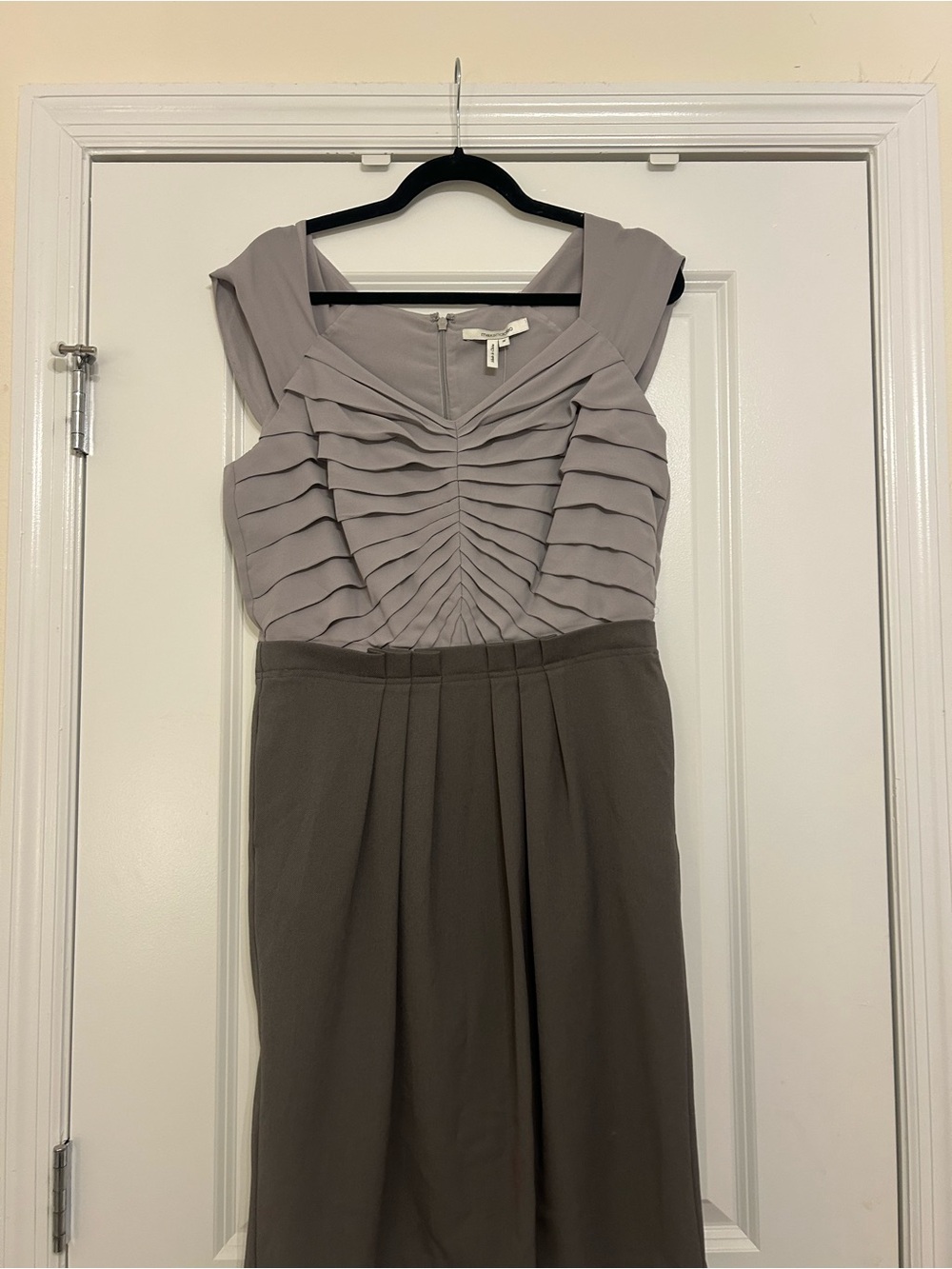 Max & Cleo Two-Tone Pleated Bodice Midi Dress in Light Gray and Dark Taupe